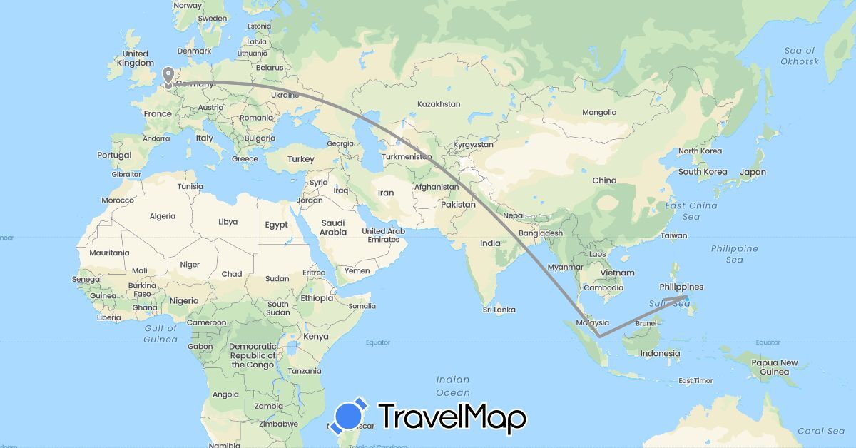 TravelMap itinerary: driving, plane, boat in Belgium, Philippines, Singapore (Asia, Europe)